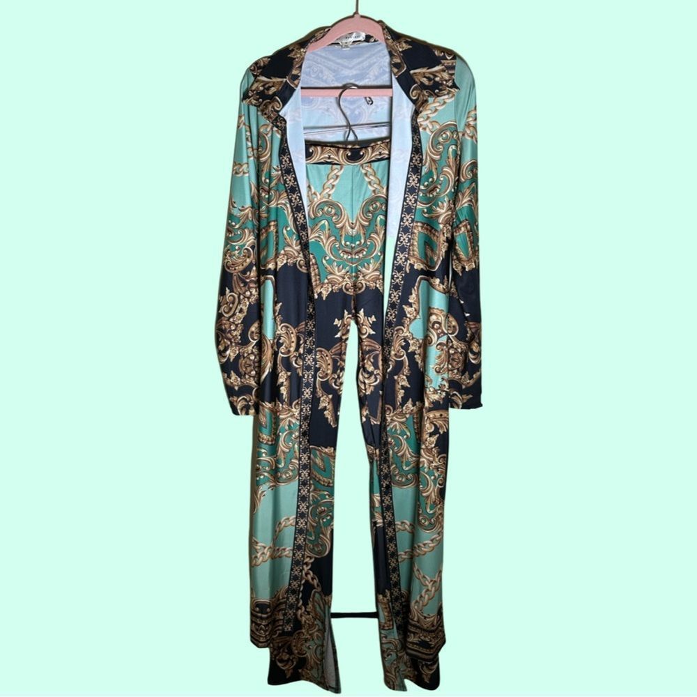 womens two piece outfit fitted spandex pants and duster jacket size medium